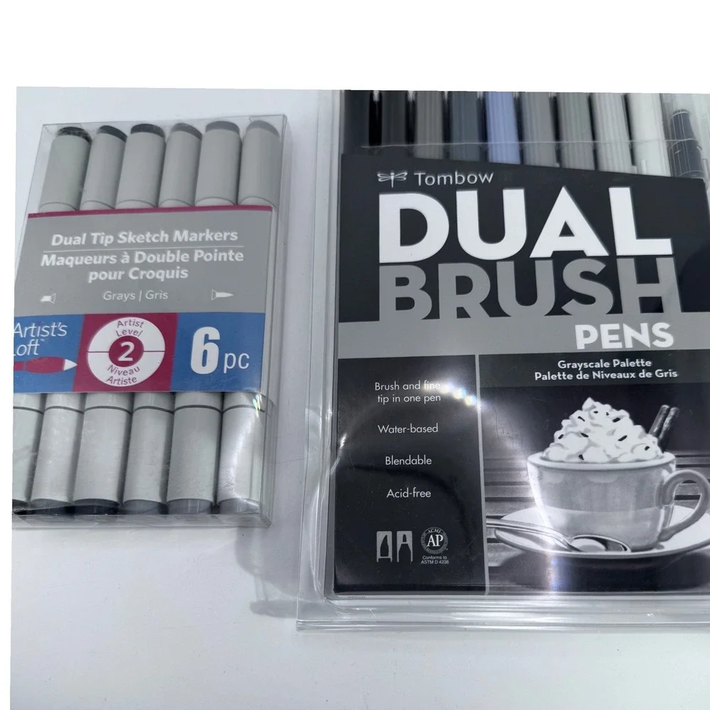 Tombow Dual Brush Pens Grayscale‎ 10pc & Artist's Loft Sketch Markers Bundle New